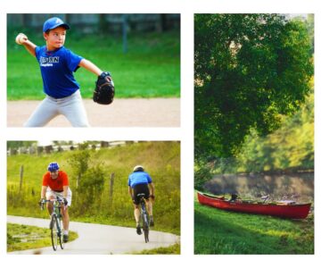 Collage image of baseball, bicycles, and canoe