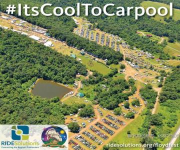 "Its Cool To Carpool" text over aerial view of FloydFest site